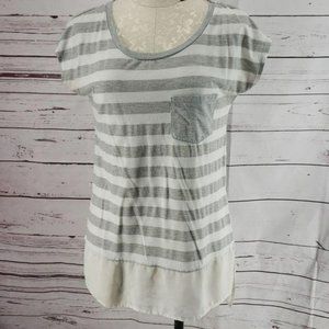 Rewind Gray and White Stripe Hi Low Cap Sleeve Top